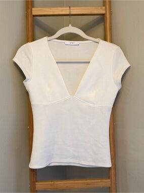 White V-Neck Cap Sleeve Women's Top - Brand: gaze